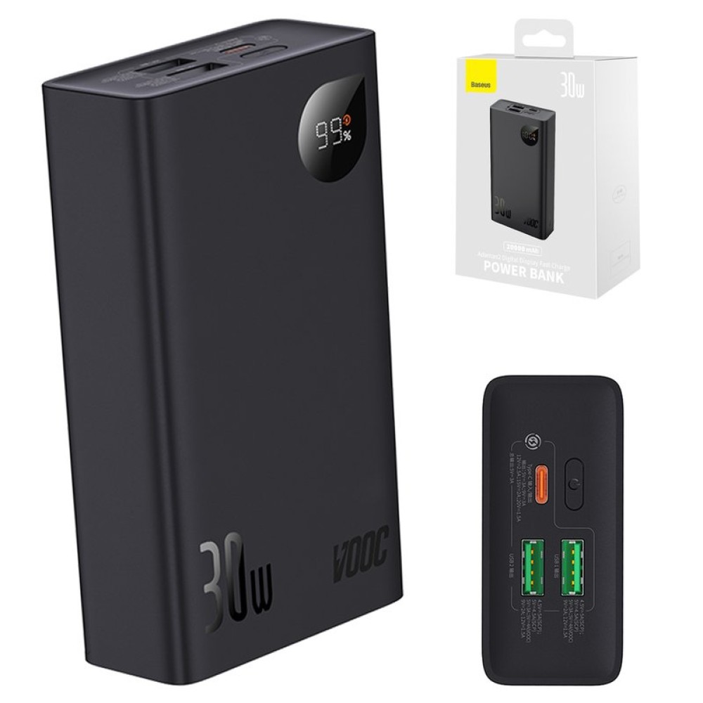 Power bank Baseus Adaman2, 20000 мАч, с дисплеем, с USB кабелем тип-C, черный, USB тип-C, USB тип-A, Fast Charge, 30 Вт, #PPAD050001