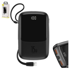 Power bank Baseus Q pow, 10000 мАг, з кабелем USB тип-C до Lightning для Apple, з дисплеєм, чорний, Quick Charge, 15 Вт, #PPQD-B01