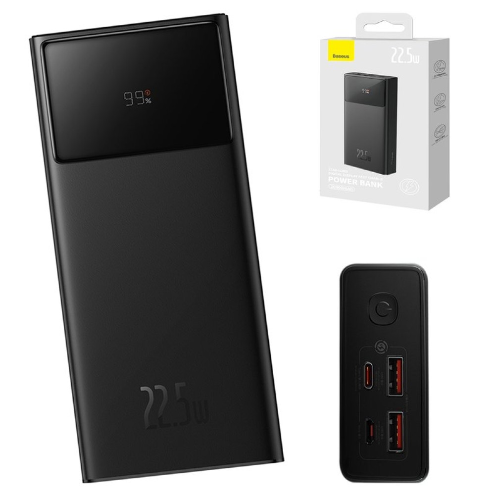 Power bank Baseus Star-Lord Digital, 30000 мАч, с USB кабелем тип-C, черный, Fast Charge, 22,5 Вт, #PPXJ060101