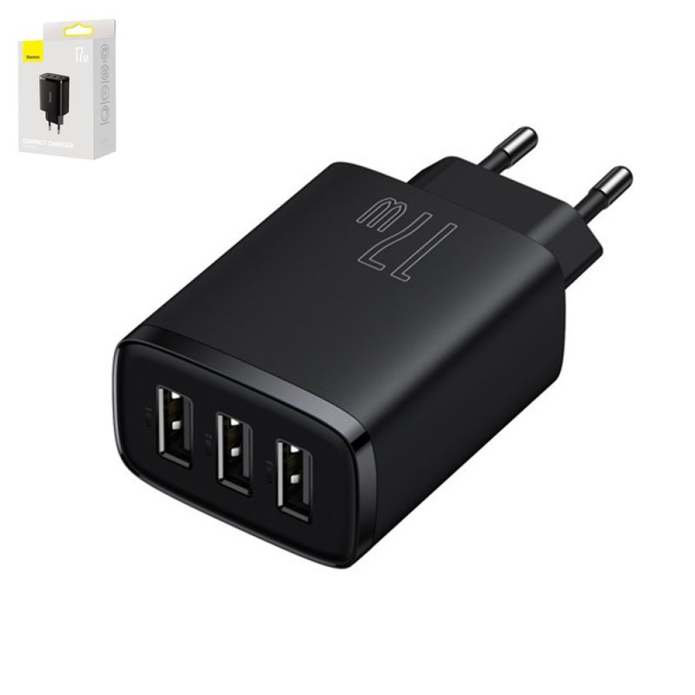Сетевое зарядное устройство Baseus Compact Charger, 220 В, черное, USB тип-A, 17 Вт, 3 порта, #CCXJ020101
