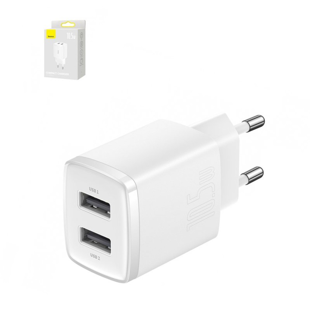 Сетевое зарядное устройство Baseus Compact Charger, 220 В, белое, USB тип-A, 10,5 Вт, 2 порта, #CCXJ010202