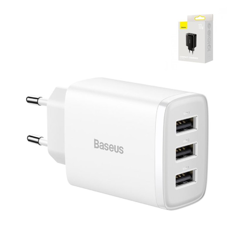 Сетевое зарядное устройство Baseus Compact Charger, 220 В, белое, USB тип-A, 17 Вт, 3 порта, #CCXJ020102