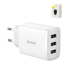 Мережевий зарядний пристрій Baseus Compact Charger, 220 В, біле, USB тип-A, 17 Вт, 3 порта, #CCXJ020102