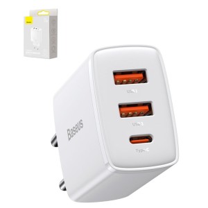 Сетевое зарядное устройство Baseus Compact Quick Charger, Quick Charge, 220 В, белое, USB тип-C, USB тип-A, 30 Вт, 3 порта, #CCXJ-E02