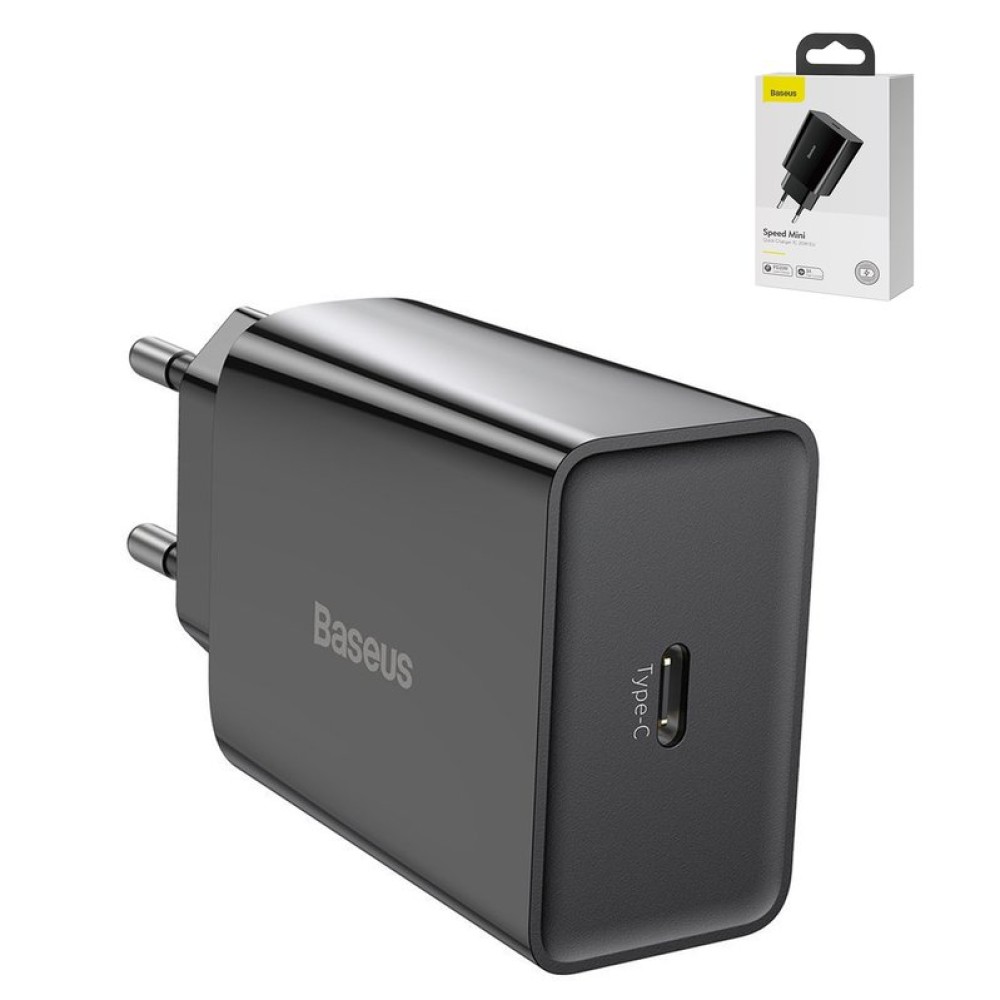 Сетевое зарядное устройство Baseus Speed Mini, Quick Charge, 220 В, черное, USB тип-C, 20 Вт, #CCFS-SN01