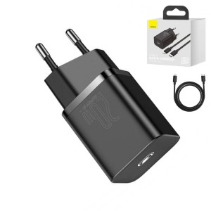 Сетевое зарядное устройство Baseus Super Si, Quick Charge, 220 В, черное, USB тип-C, c кабелем USB тип-C к Lightning для Apple, 20 Вт, #TZCCSUP-B01