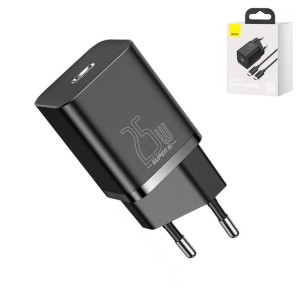 Сетевое зарядное устройство Baseus Super Si, Quick Charge, 220 В, черное, USB тип-C, c кабелем USB тип-C к USB тип-C, 25 Вт, #TZCCSUP-L01