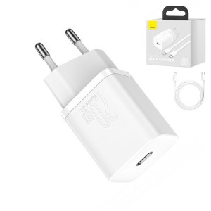 Сетевое зарядное устройство Baseus Super Si, Quick Charge, 220 В, белое, USB тип-C, c кабелем USB тип-C к Lightning для Apple, 20 Вт, #TZCCSUP-B02