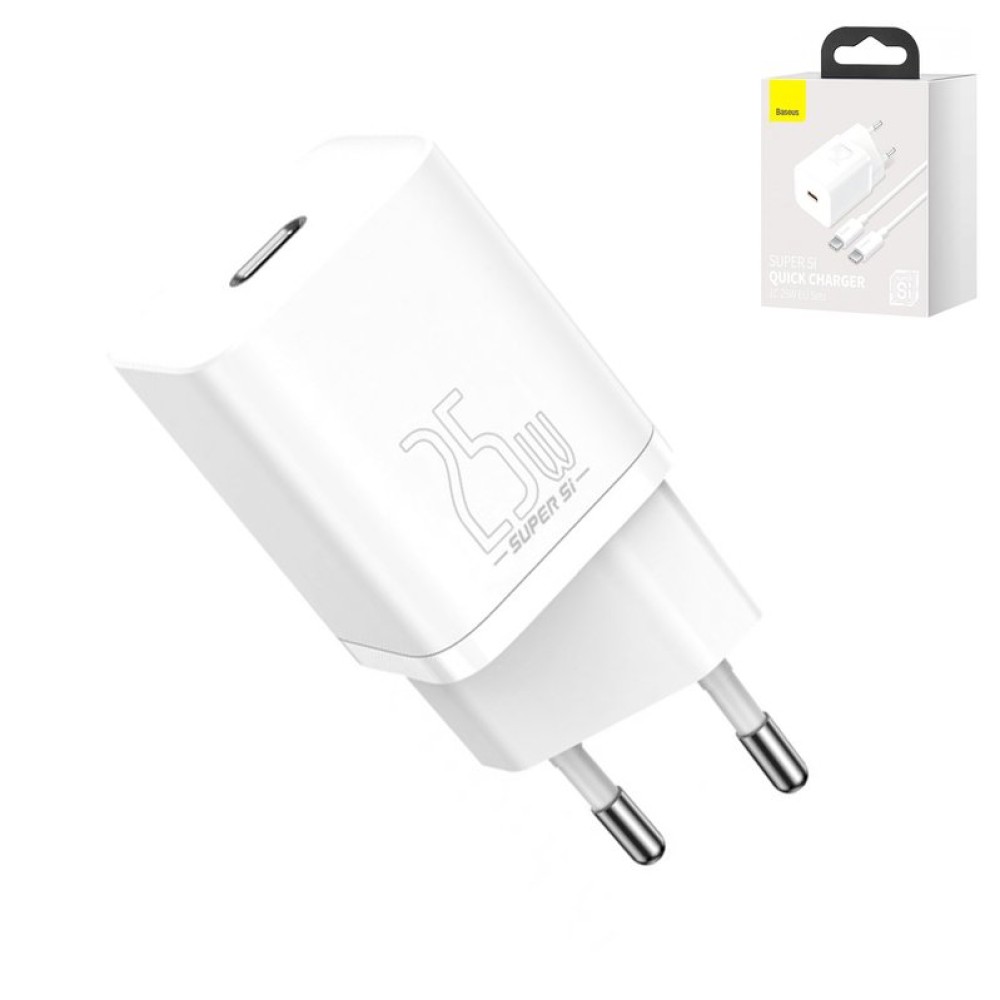 Сетевое зарядное устройство Baseus Super Si, Quick Charge, 220 В, белое, USB тип-C, c кабелем USB тип-C к USB тип-C, 25 Вт, #TZCCSUP-L02