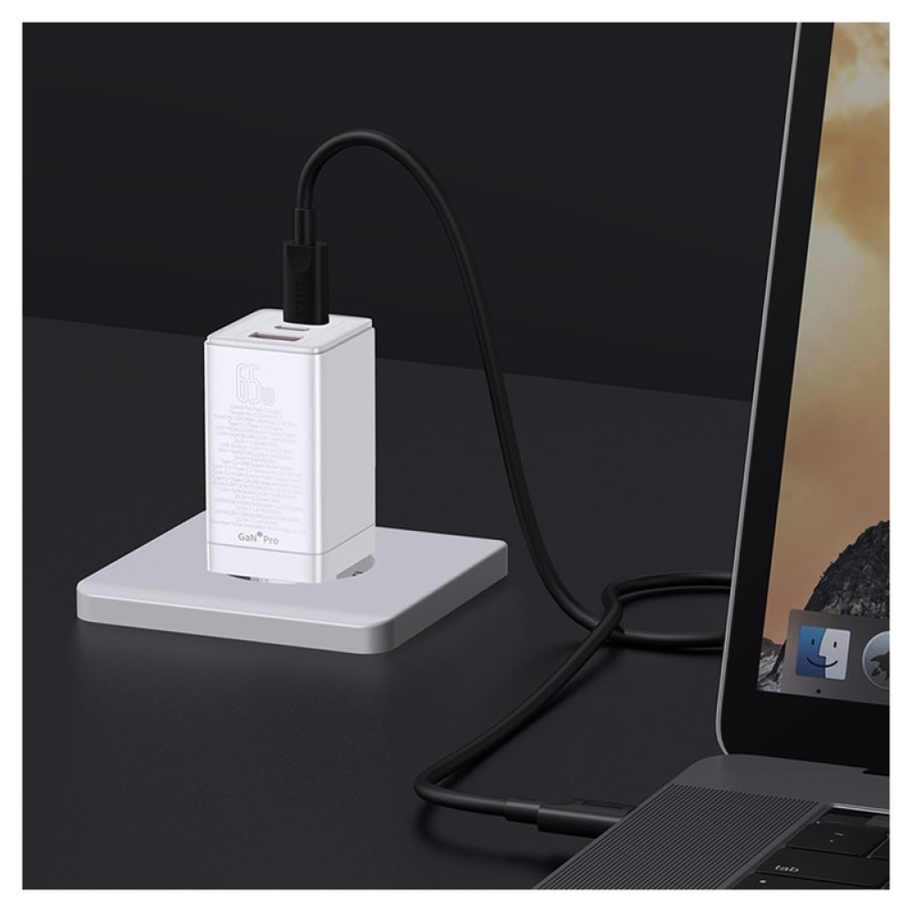 Мережевий зарядний пристрій Baseus GaN3 Pro, 65 Вт, Quick Charge, 220 В, білий, з кабелем USB тип-C до USB тип-C, 3 порта, #CCGP050102