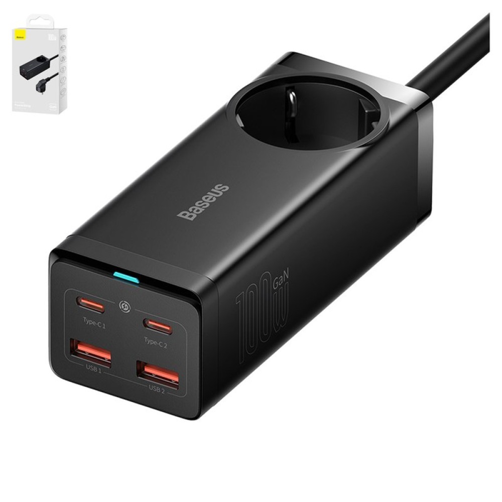 Сетевое зарядное устройство Baseus GaN3 Pro Desktop, 100 Вт, Quick Charge, 220 В, черный, с розеткой, c кабелем USB тип-C к USB тип-C, 4 порта, #PSZM000401