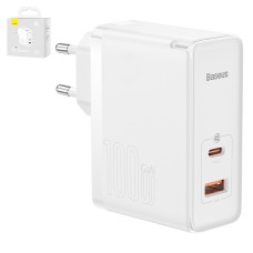 Мережевий зарядний пристрій Baseus GaN5 Pro, 100 Вт, Quick Charge, 220 В, білий, з кабелем USB тип-C до USB тип-C, 2 порта, #CCGP090202