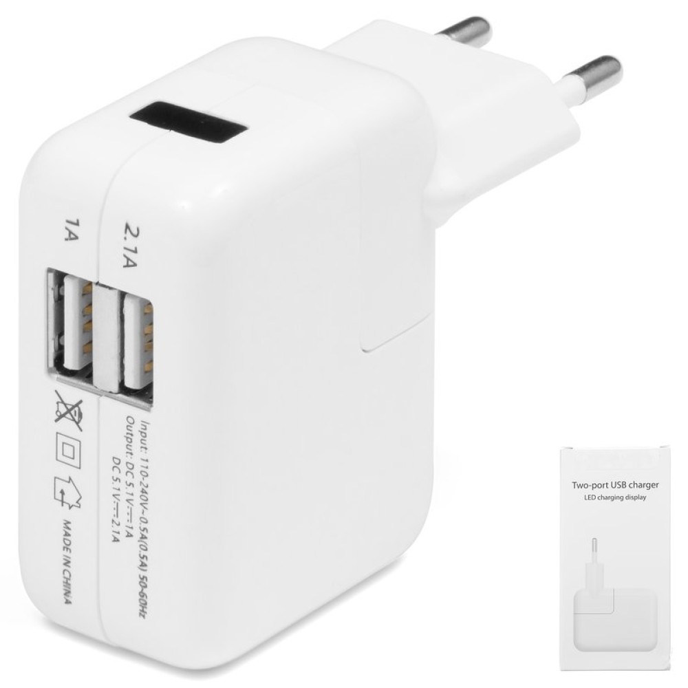Сетевое зарядное устройство для планшетов Apple; мобильных телефонов Apple, 220 В, (USB-выход 5V 1A), (USB выход 5В 2,1А), белое