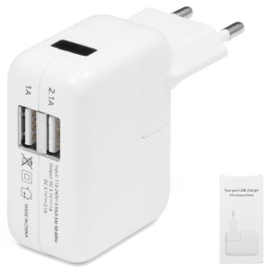 Сетевое зарядное устройство для планшетов Apple; мобильных телефонов Apple, 220 В, (USB-выход 5V 1A), (USB выход 5В 2,1А), белое