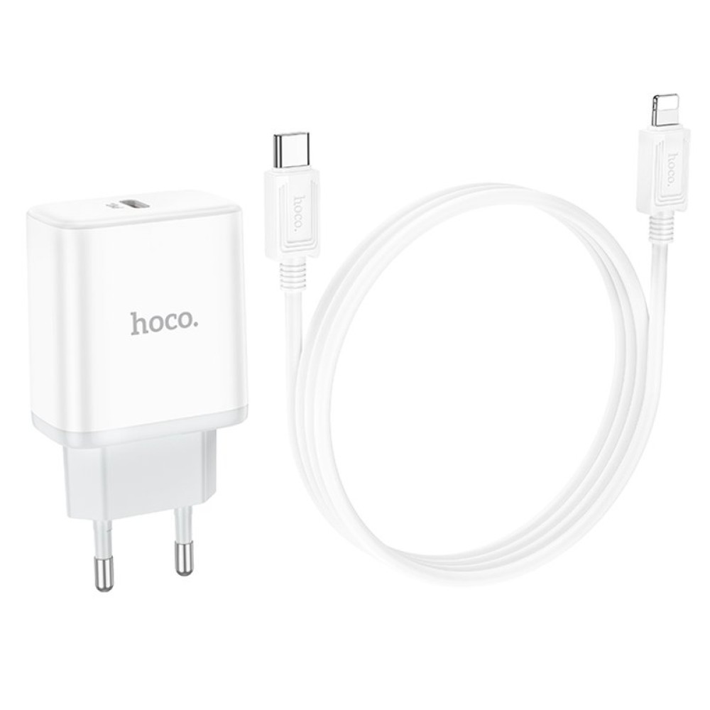 Сетевое зарядное устройство Hoco C104A, 20 Вт, Power Delivery (PD), 220 В, белый, c кабелем USB тип-C к Lightning для Apple, 1 порт, #6931474782908