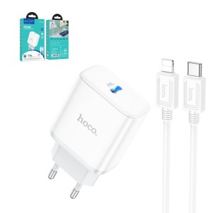 Сетевое зарядное устройство Hoco C104A, 20 Вт, Power Delivery (PD), 220 В, белый, c кабелем USB тип-C к Lightning для Apple, 1 порт, #6931474782908