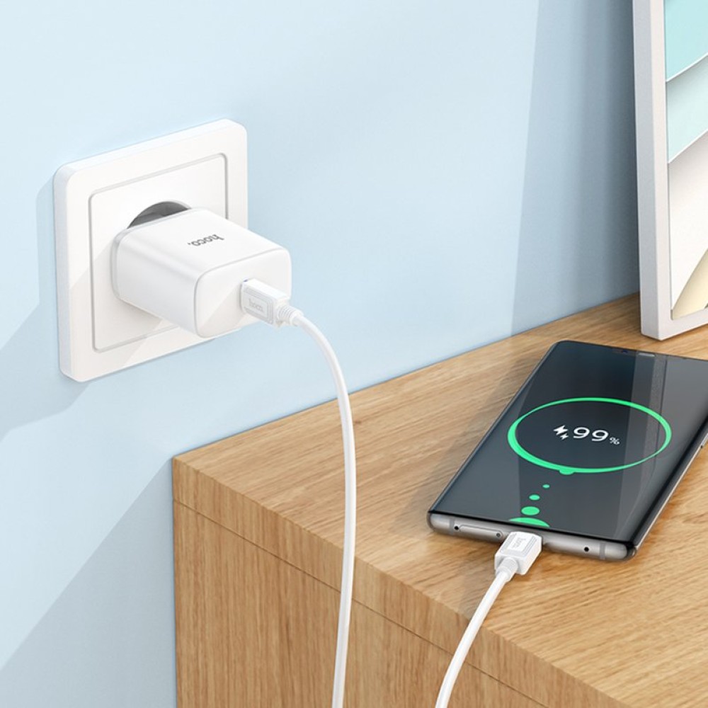 Сетевое зарядное устройство Hoco C104A, 20 Вт, Power Delivery (PD), 220 В, белый, c кабелем USB тип-C к USB тип-C, 1 порт, #6931474782915