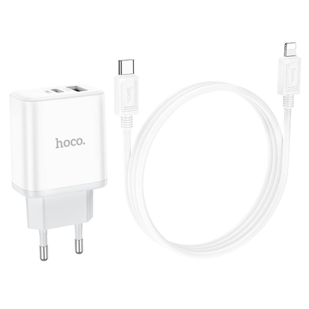 Сетевое зарядное устройство Hoco C105A, 20 Вт, Power Delivery (PD), 220 В, белый, c кабелем USB тип-C к Lightning для Apple, 2 порта, #6931474782939