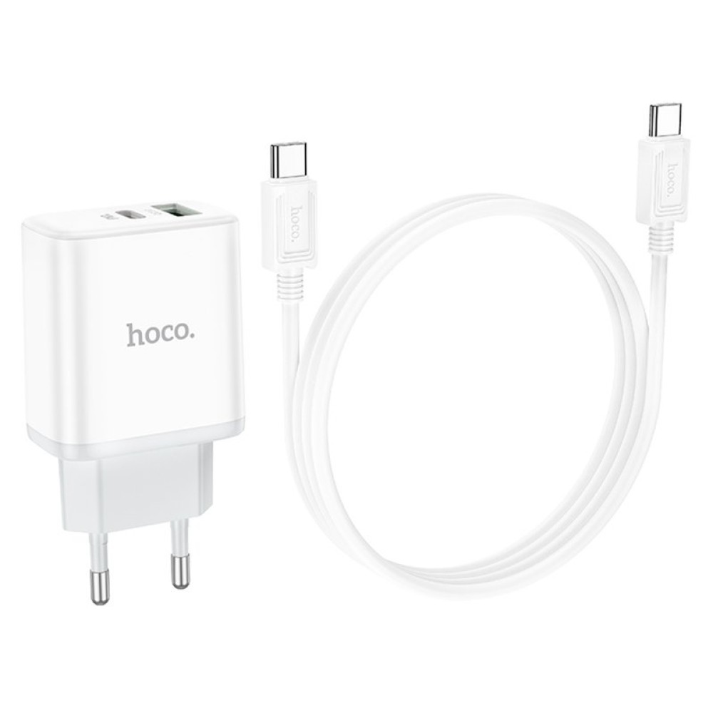 Сетевое зарядное устройство Hoco C105A, 20 Вт, Power Delivery (PD), 220 В, белый, c кабелем USB тип-C к USB тип-C, 2 порта, #6931474782922