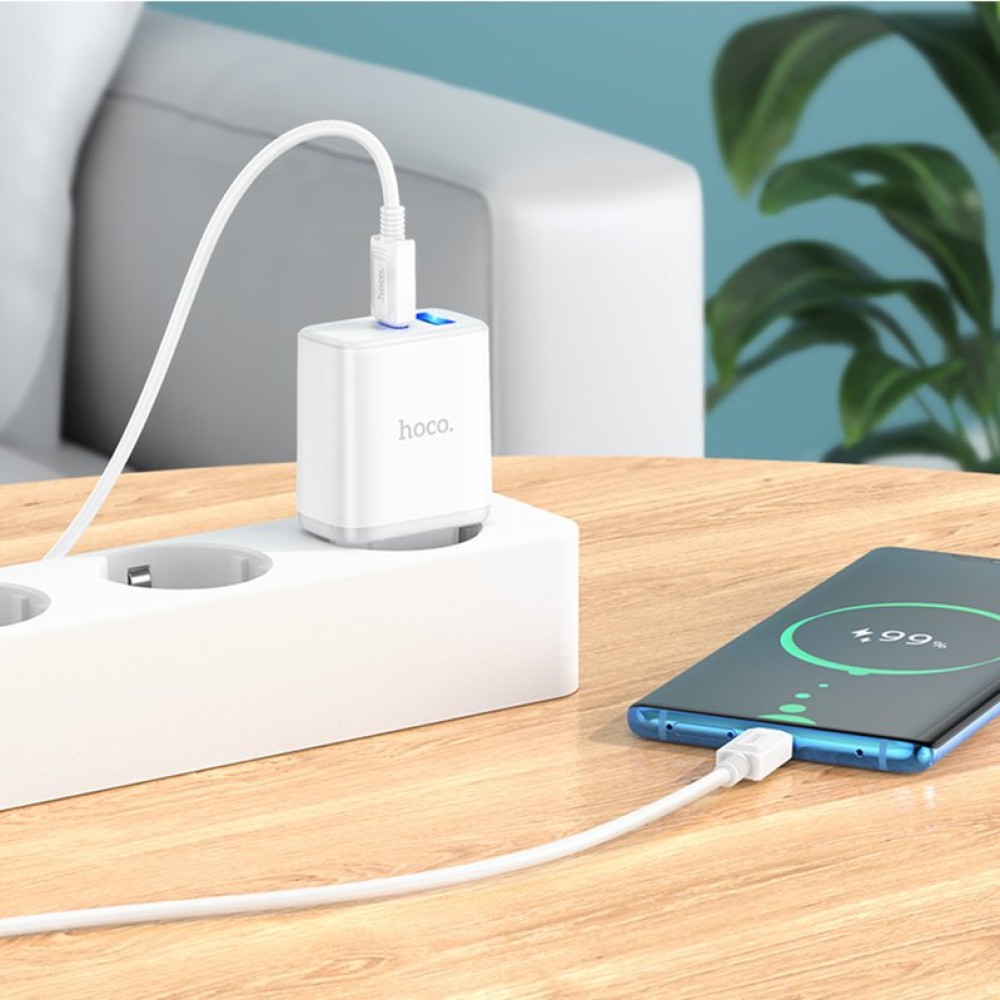 Сетевое зарядное устройство Hoco C105A, 20 Вт, Power Delivery (PD), 220 В, белый, c кабелем USB тип-C к USB тип-C, 2 порта, #6931474782922