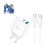 Сетевое зарядное устройство Hoco C105A, 20 Вт, Power Delivery (PD), 220 В, белый, c кабелем USB тип-C к USB тип-C, 2 порта, #6931474782922