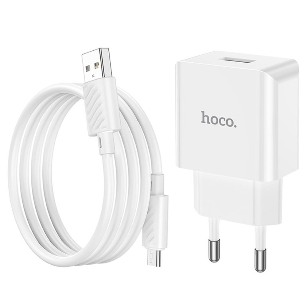Сетевое зарядное устройство Hoco C106A, 220 В, белый, с micro-USB кабелем тип-В, 1 порт, #6931474783905