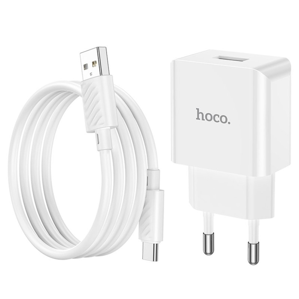 Сетевое зарядное устройство Hoco C106A, 220 В, белый, с USB кабелем тип-C, 1 порт, #6931474783912