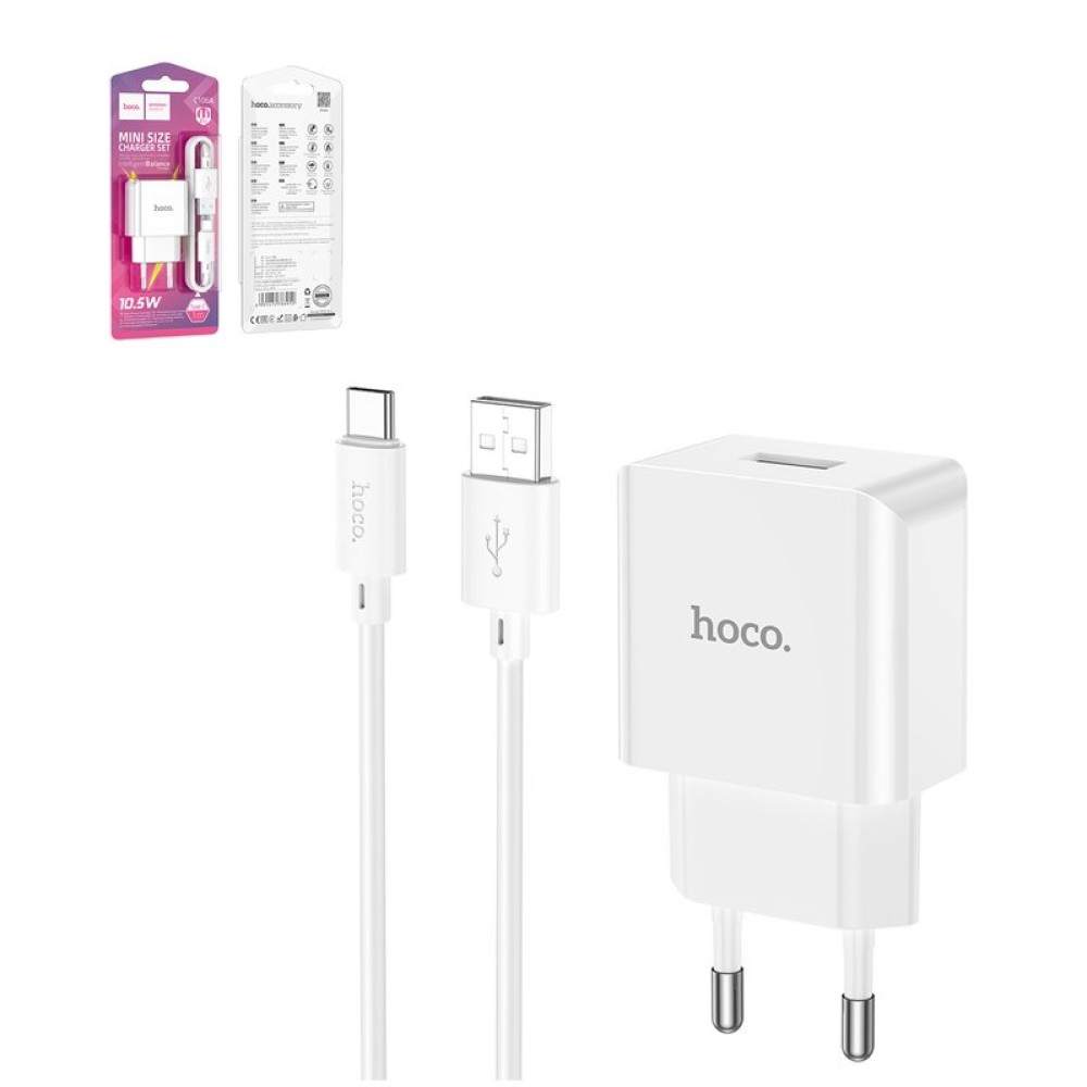Сетевое зарядное устройство Hoco C106A, 220 В, белый, с USB кабелем тип-C, 1 порт, #6931474783912