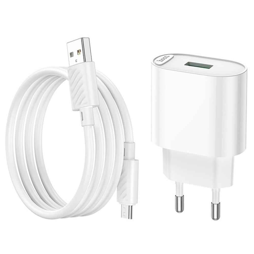 Сетевое зарядное устройство Hoco C109A, 18 Вт, Quick Charge, 220 В, белый, с micro-USB кабелем тип-В, 1 порт, #6931474784827