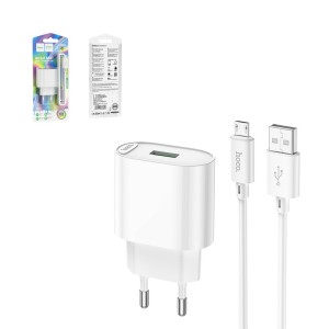 Сетевое зарядное устройство Hoco C109A, 18 Вт, Quick Charge, 220 В, белый, с micro-USB кабелем тип-В, 1 порт, #6931474784827