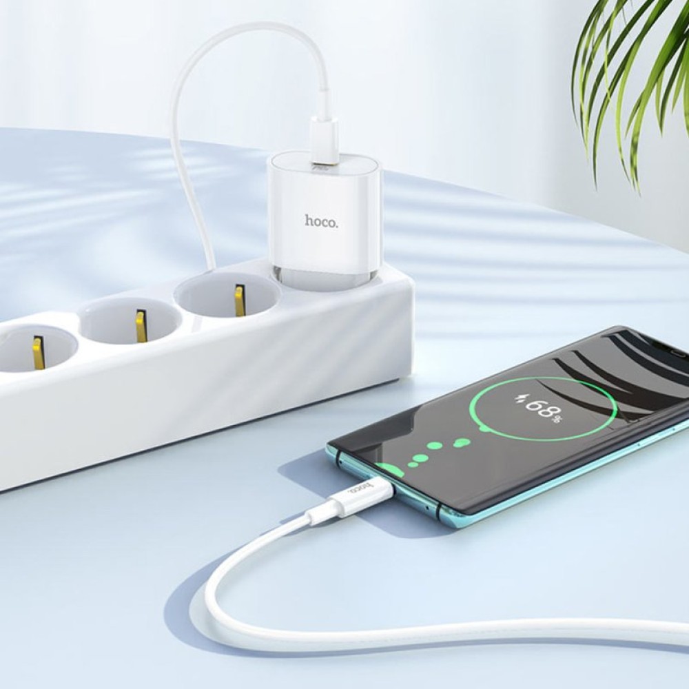 Сетевое зарядное устройство Hoco C94A, 20 Вт, Fast Charge, 220 В, белый, c кабелем USB тип-C к USB тип-C, 1 порт, #6931474762191
