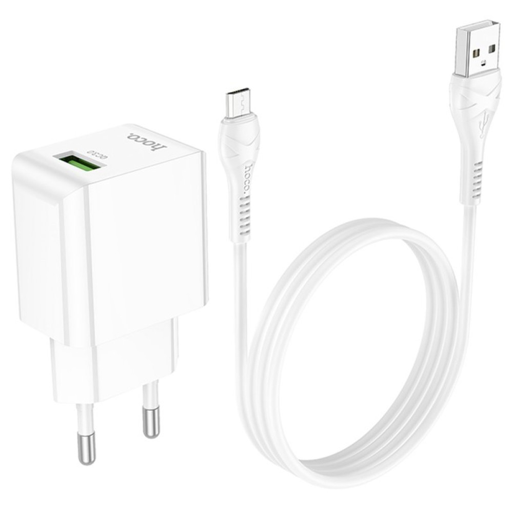 Сетевое зарядное устройство Hoco C98A, 18 Вт, Quick Charge, 220 В, белый, с micro-USB кабелем тип-В, 1 порт, #6931474766861