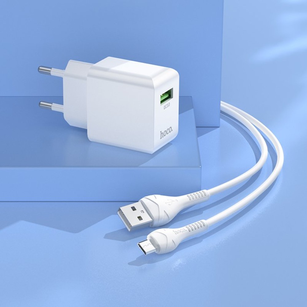 Сетевое зарядное устройство Hoco C98A, 18 Вт, Quick Charge, 220 В, белый, с micro-USB кабелем тип-В, 1 порт, #6931474766861