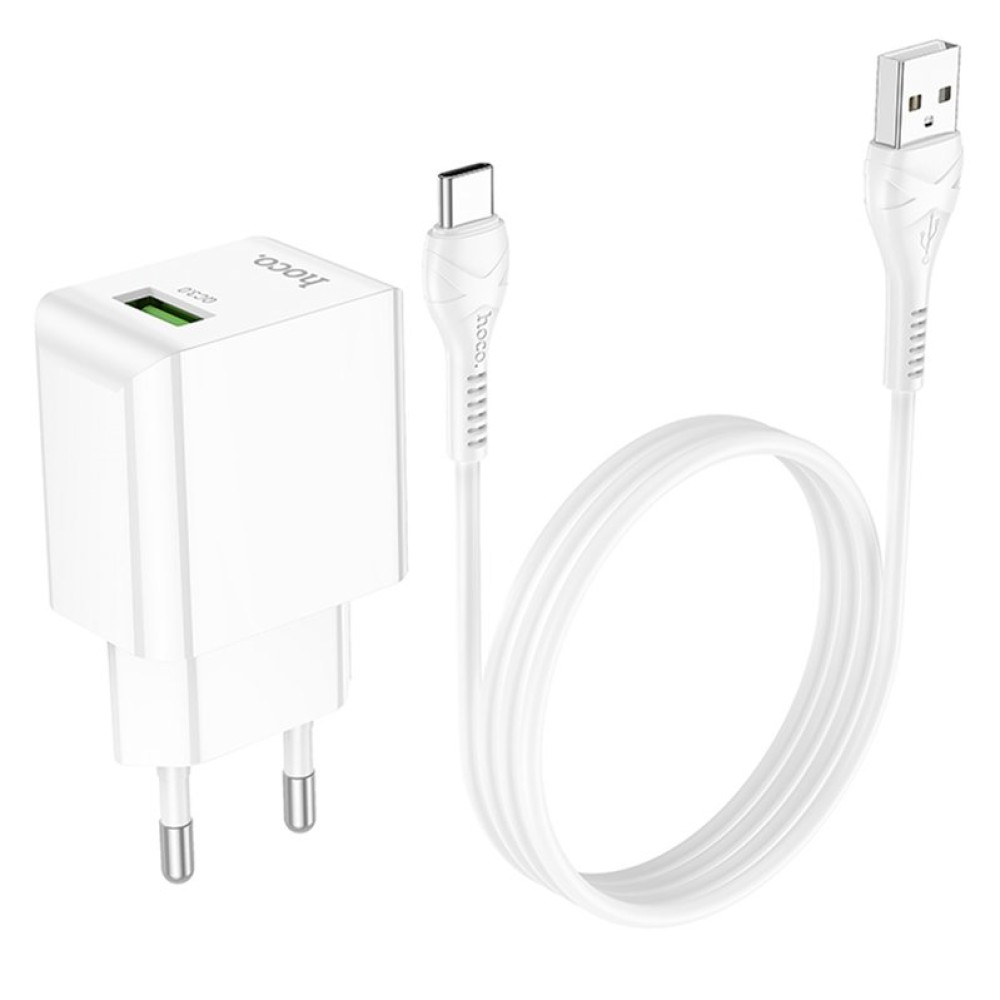 Сетевое зарядное устройство Hoco C98A, 18 Вт, Quick Charge, 220 В, белый, с USB кабелем тип-C, 1 порт, #6931474766878