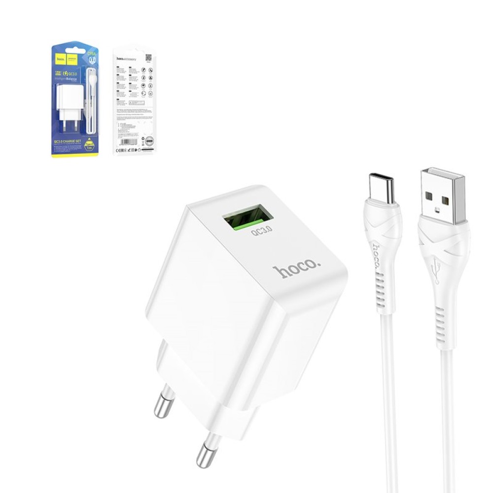 Сетевое зарядное устройство Hoco C98A, 18 Вт, Quick Charge, 220 В, белый, с USB кабелем тип-C, 1 порт, #6931474766878