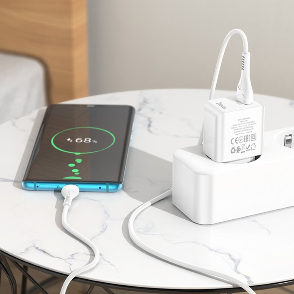 Сетевое зарядное устройство Hoco C98A, 18 Вт, Quick Charge, 220 В, белый, с USB кабелем тип-C, 1 порт, #6931474766878