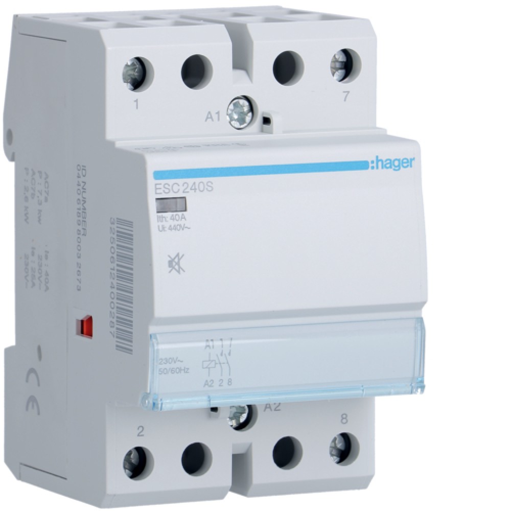 Контактор бесшумный Hager ESC240S 40A, 2НО, 230В