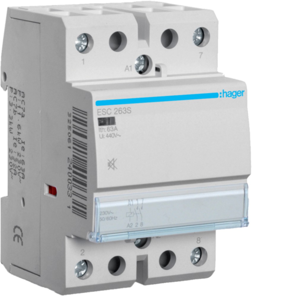 Контактор бесшумный Hager ESC263S 63A, 2НО, 230В