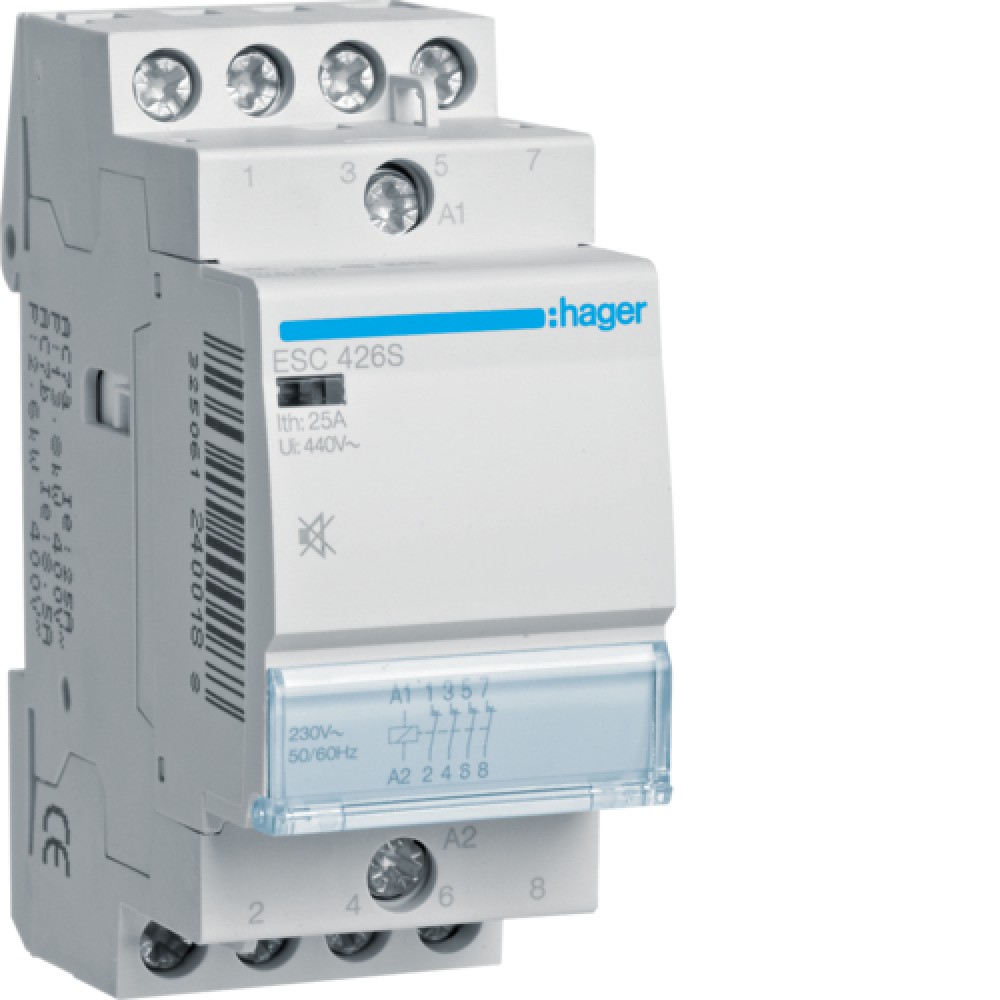 Контактор бесшумный Hager ESC426S 25A, 4НЗ, 230В